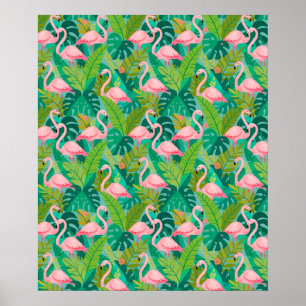 Póster Flamencos rosados tropicales follaje de la selva