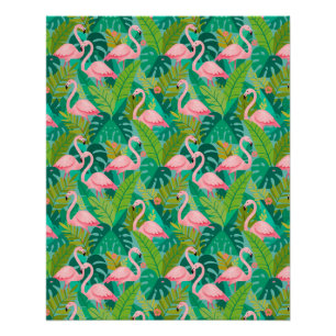 Póster Flamencos rosados tropicales follaje de la selva