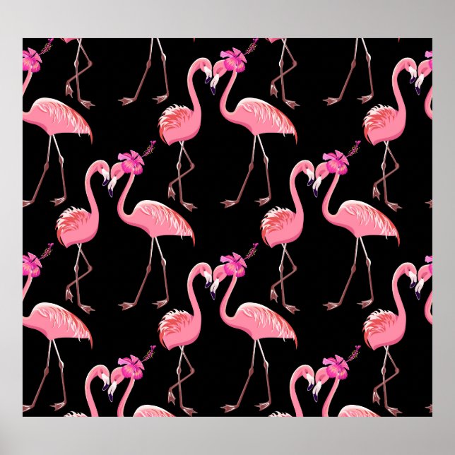Póster Flamencos rosados: Vintage de fondo negro (Frente)