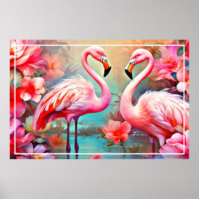 Póster Flamencos rosas en un lago con flores-20231 (Frente)
