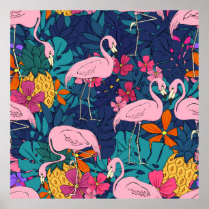 Póster Flamencos sobre un fondo de hojas tropicales y f