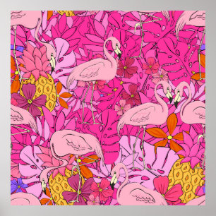 Póster Flamencos sobre un fondo de hojas tropicales y f