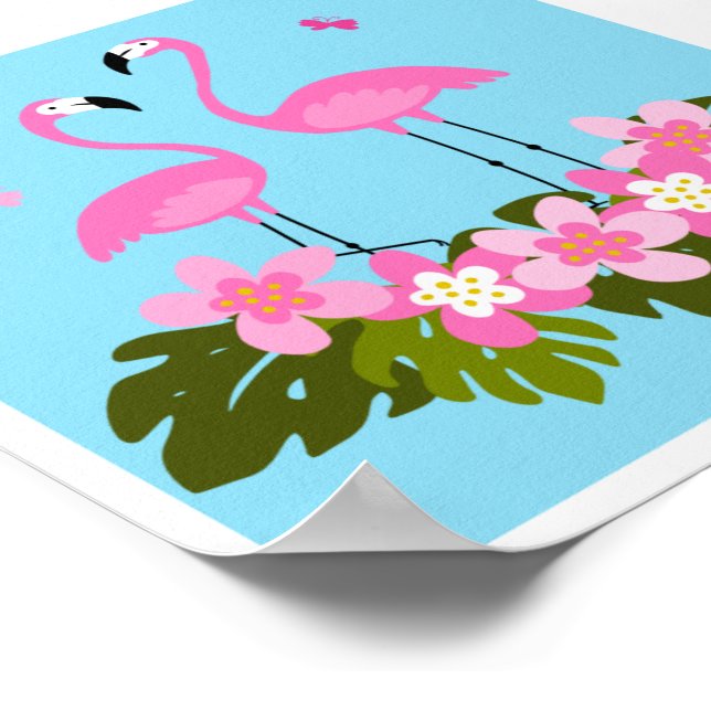 Póster Flamencos Tropicales e Ilustración Floral (Esquina)