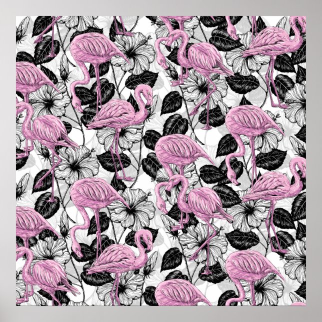 Póster Flamencos y flores de hibisco (Frente)