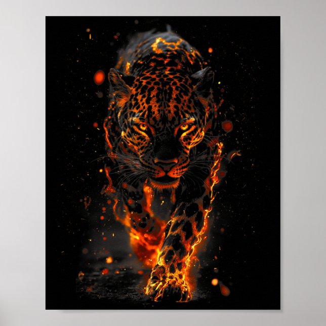 Póster Flaming Jaguar Fierce Leopard Wild Fire Animal Sri (Frente)