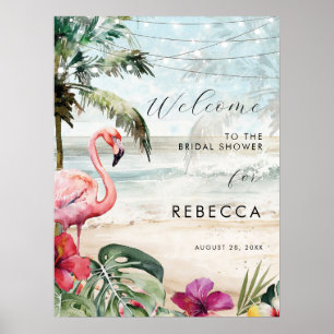 Póster flamingo beach tropical palmers bienvenida poster