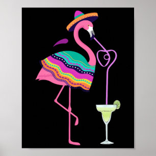 Póster Flamingo Bebiendo Margarita Mexicana Poncho Cinco