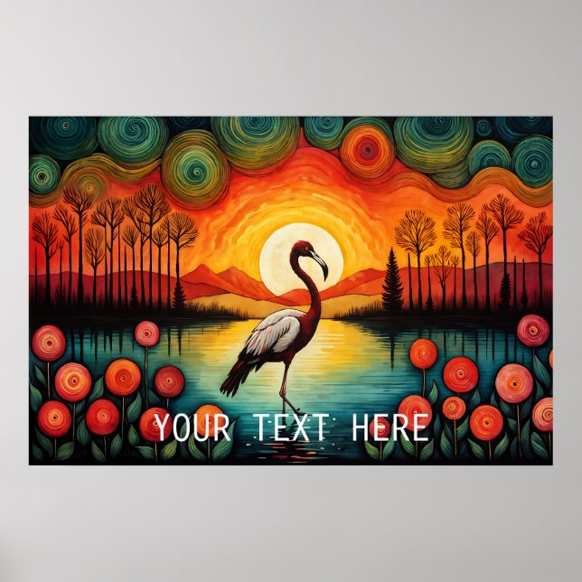 Póster Flamingo Bird Lake Sunset Colorido Floral (Frente)
