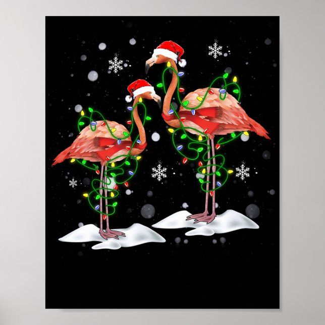 Póster Flamingo Christmas Tree Santa Hat Light Merry (Frente)