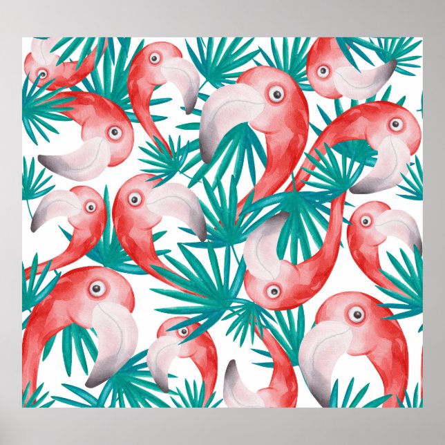 Póster Flamingo dibujado a mano: acuarela patrón sin cost (Frente)