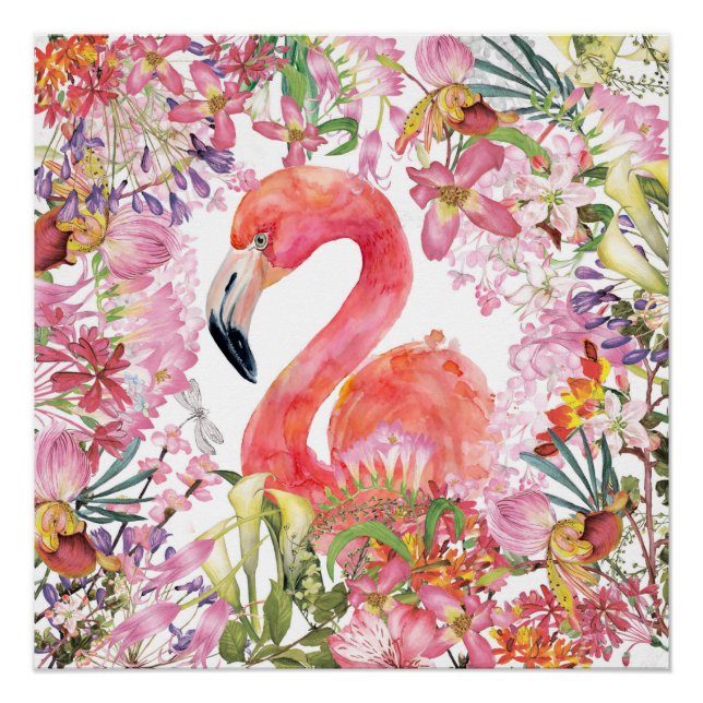 Póster Flamingo en la jungla de flores - Patrón de verano (Anverso)