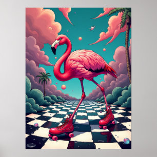 Póster Flamingo en una pista de Roller : Retro Surrealist