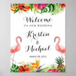 Póster Flamingo floral tropical Rótulo Boda Luau