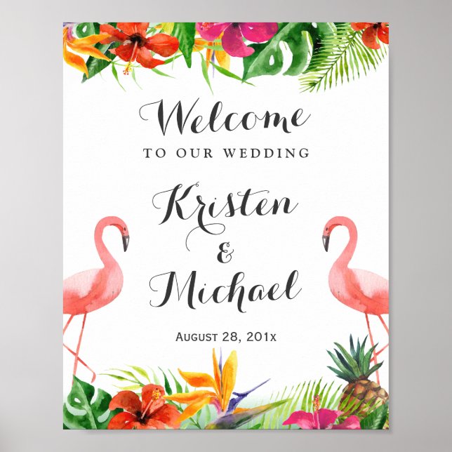 Póster Flamingo floral tropical Rótulo Boda Luau (Frente)