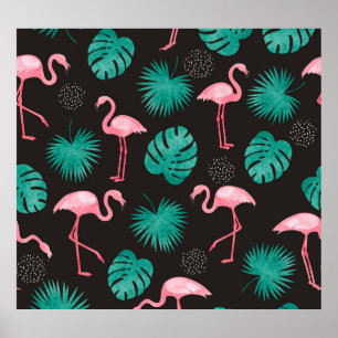 Póster Flamingo, hojas de palma: acuarela tropical.
