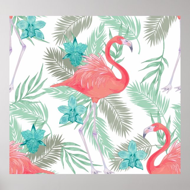 Póster Flamingo, orquídea: patrón vintage romántico. (Frente)