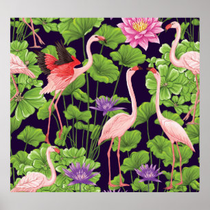 Póster Flamingo, plantas tropicales, fondo negro.