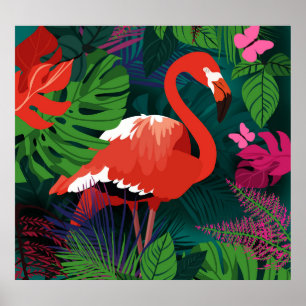 Póster Flamingo rosa: Armonía de mariposa tropical.