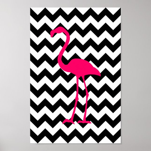 Póster Flamingo rosa brillante negro y negro zigzag blanc (Frente)