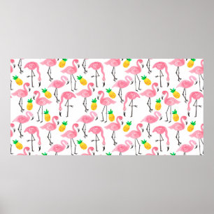 Póster Flamingo rosa color agua y piña amarilla