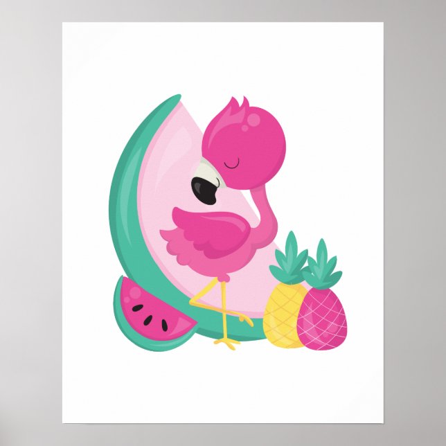 Póster Flamingo rosa con sandía y piña (Frente)