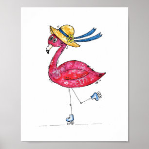 Póster Flamingo rosa dulce y caprichoso en los patines