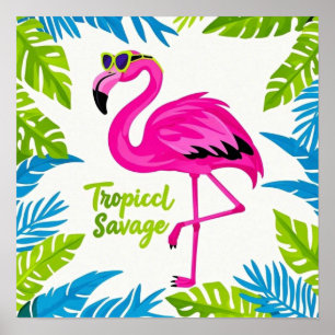 Póster Flamingo rosa Estacionamiento tropical en una pier