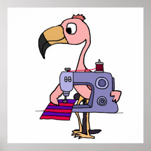 Póster Flamingo rosa gracioso usando máquina de coser
