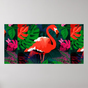 Póster Flamingo rosa. Hojas tropicales, mariposa rosada,