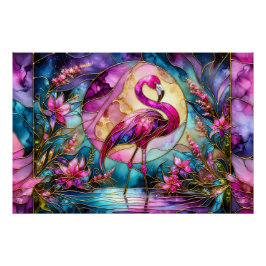 Póster Flamingo Rosa Mosaico de Vidrio Emplomado
