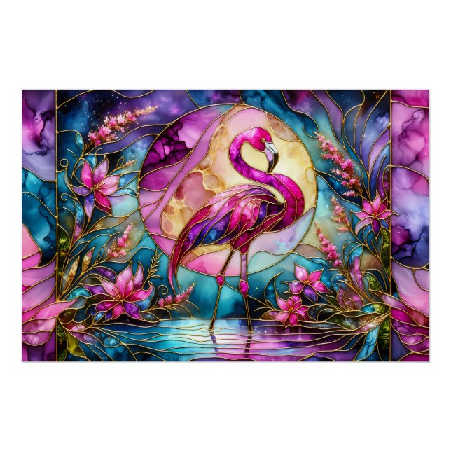 Póster Flamingo Rosa Mosaico de Vidrio Emplomado (Anverso)
