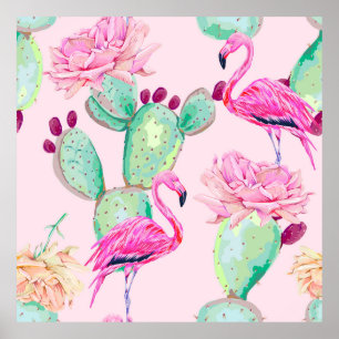 Póster Flamingo rosa, pájaros exóticos, flores suaves, ro