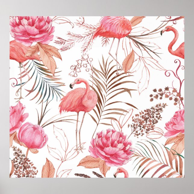 Póster Flamingo rosa, patrón de color de peonía. (Frente)