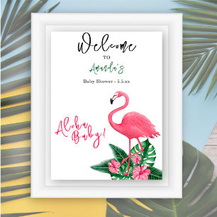 Póster Flamingo rosa tropical Aloha Baby Shower - Bienven