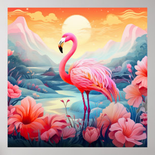 Póster Flamingo rosa tropical con flores