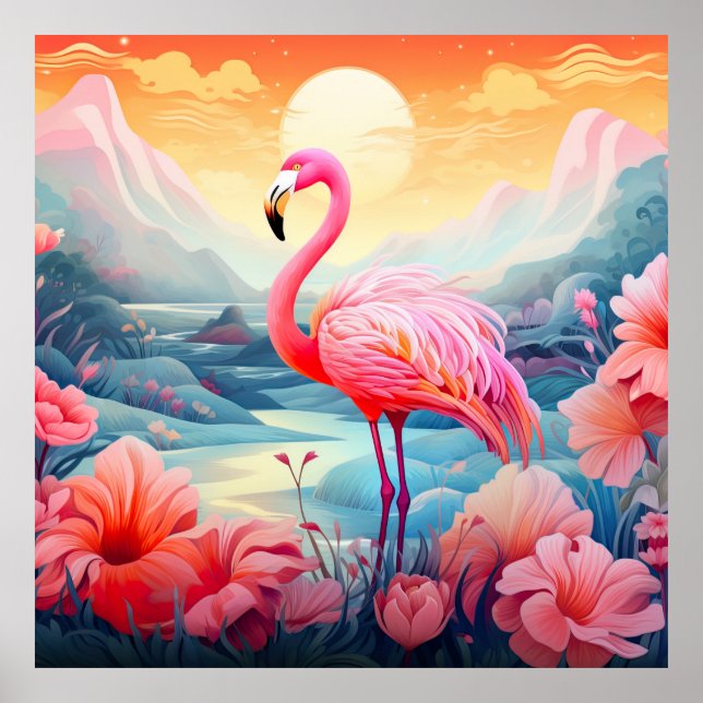 Póster Flamingo rosa tropical con flores (Frente)