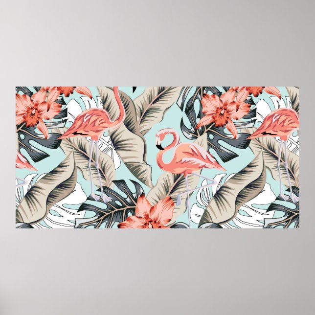 Póster Flamingo rosa tropical con flores de orquídea y pu (Frente)