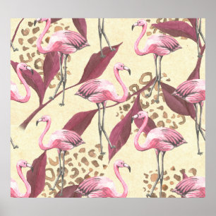Póster Flamingo rosa tropical, patrón leopardo.