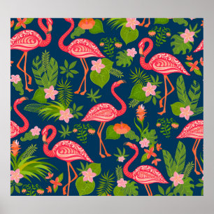 Póster Flamingo rosa: Vintage a rayas turquesas