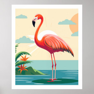 Póster Flamingo rosa vintage en la playa