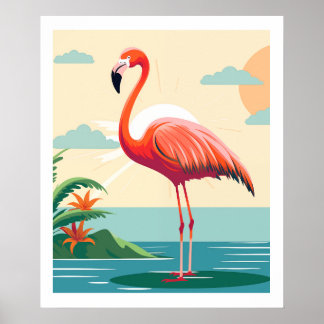 Póster Flamingo rosa vintage en la playa