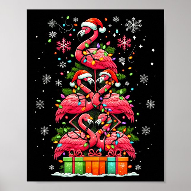 Póster Flamingo Santa Hat Xmas enciende el Anim del árbol (Frente)