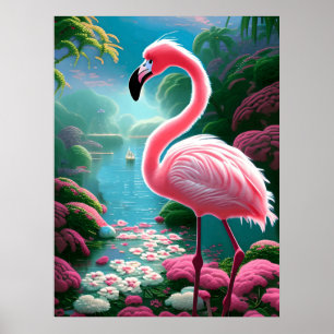 Póster Flamingo tropical con flores