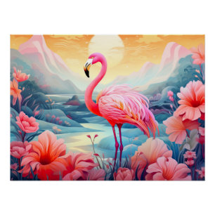 Póster Flamingo tropical con flores