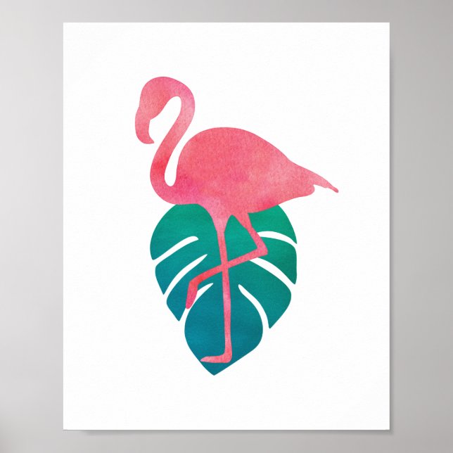 Póster Flamingo Tropical Leaves Watercolor Art (Frente)