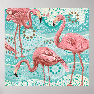 Póster Flamingo Tropical: Papel de fondo floral vintage