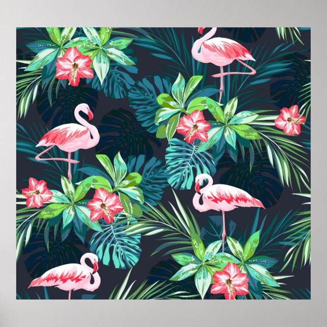 Póster Flamingo tropical: Patrón de flores de verano (Frente)