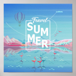 Póster Flamingo, viaje mágico, playa de verano del mar tr