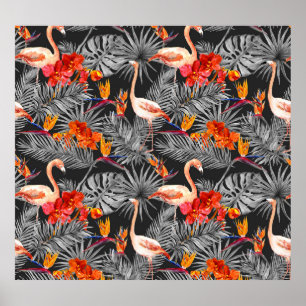 Póster Flamingo y flores, patrón monocromo.