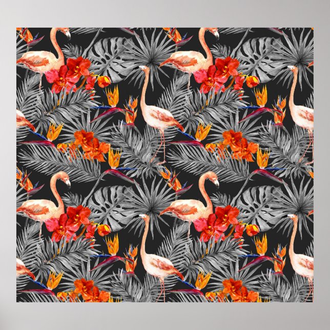 Póster Flamingo y flores, patrón monocromo. (Frente)